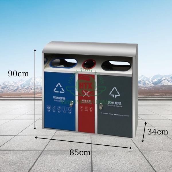 Kích thước thùng rác ngoài trời phân loại rác 3 ngăn
