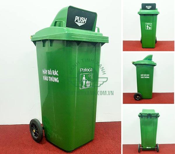 Hình ảnh thật của thùng rác nhựa 120 lít nắp đẩy màu xanh lá