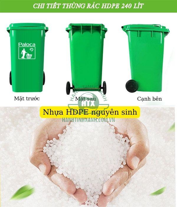 Thùng rác 240 lít chất liệu nhựa HDPE nguyên sinh cao cấp