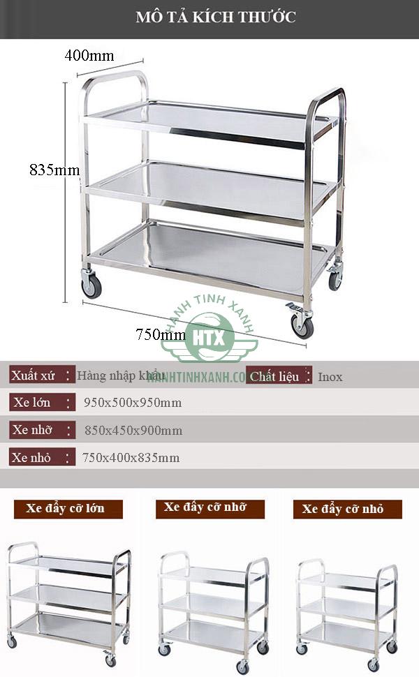 Kích thước xe đẩy 3 tầng chất liệu inox 201