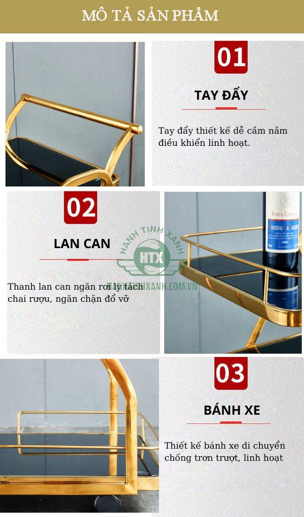 Các chi tiết cấu thành trên xe đẩy phục vụ rượu nhà hàng