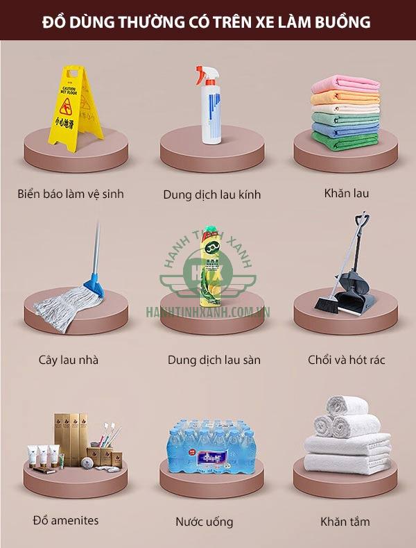 Các loại dụng cụ, đồ dùng thường sắp xếp trên xe làm buồng