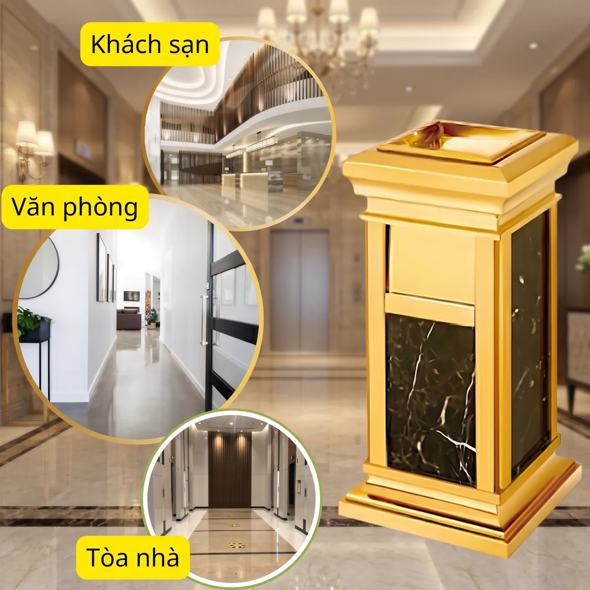 Kích thước thùng rác đá hoa cương mạ vàng có gạt tàn cho khách sạn