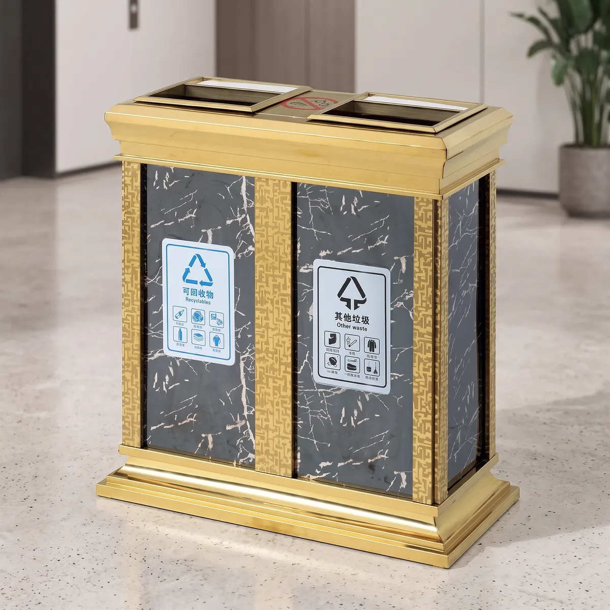 Thùng rác đá hoa cương 2 ngăn inox vàng phân loại rác cho khu vực công cộng