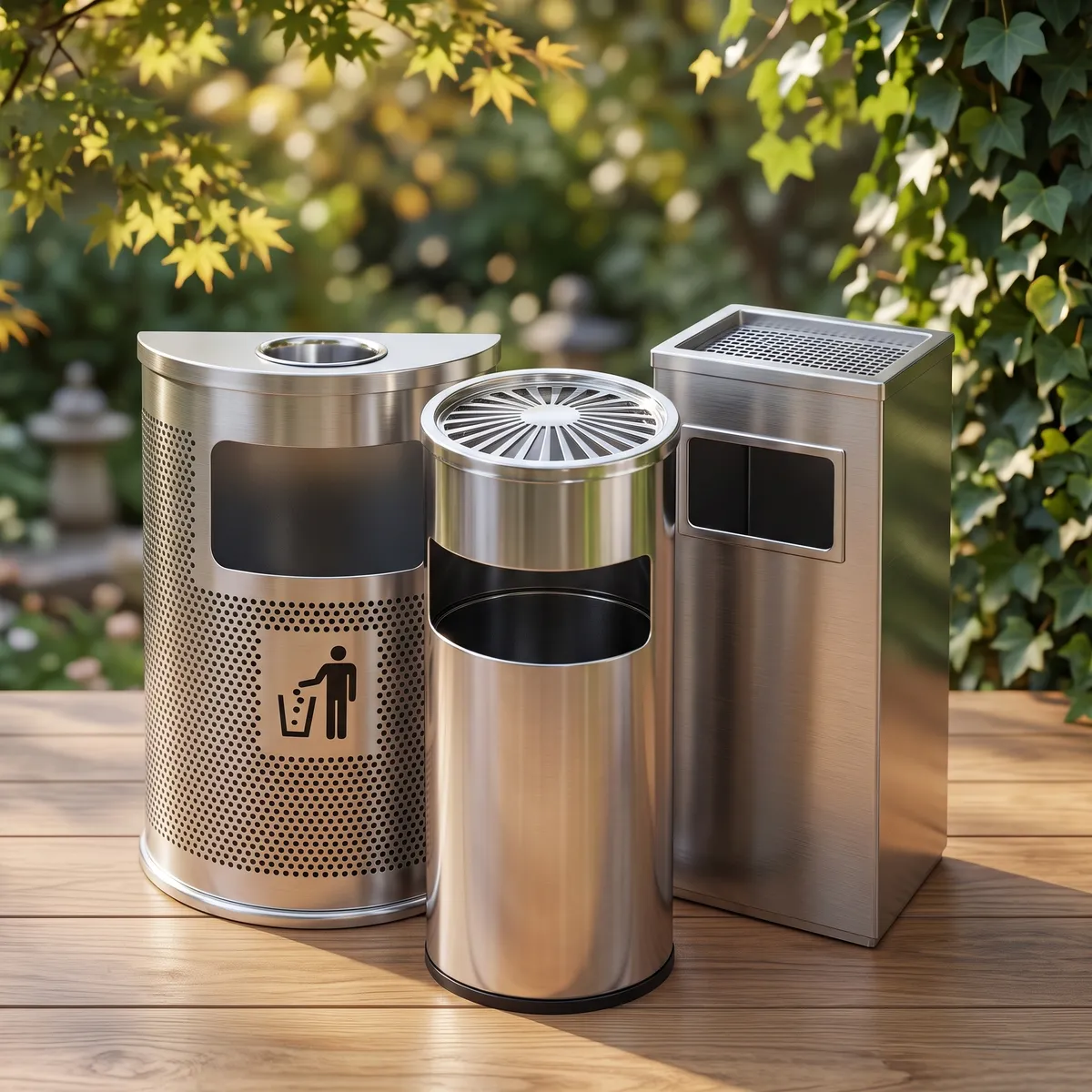 Thùng rác inox có gạt tàn thuốc đặt tại khu hút thuốc