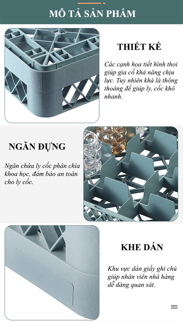 Chi tiết đặc điểm thiết kế rack đựng ly 16 ngăn màu ghi