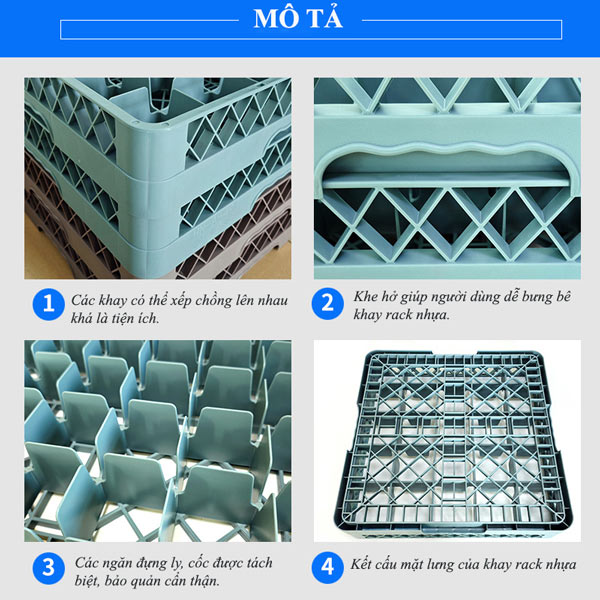 Chi tiết cấu tạo Rack đựng ly 20 ngăn màu ghi