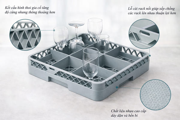 Rack đựng ly 9 ngăn màu ghi nhựa PP