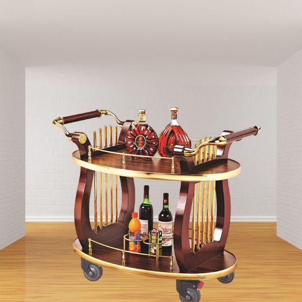 Xe đẩy phục vụ rượu vang, đồ uống bằng gỗ kết cấu 2 tầng