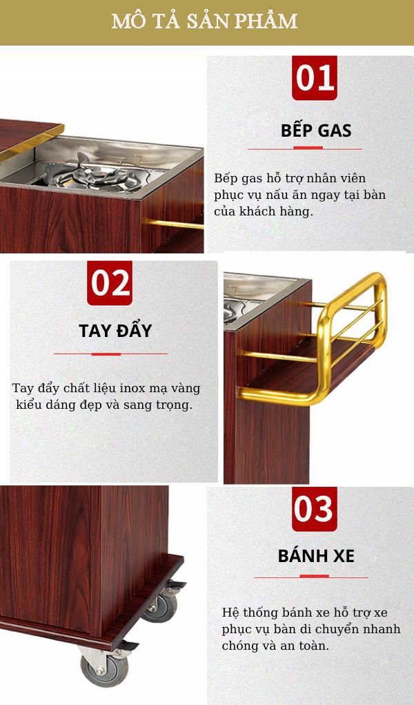 Chi tiết cấu thành xe phục vụ bàn tiệc có bếp nấu