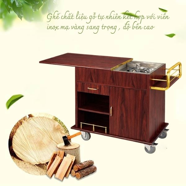 Xe đẩy bàn bếp được sản xuất từ gỗ đi kèm viền inox vàng