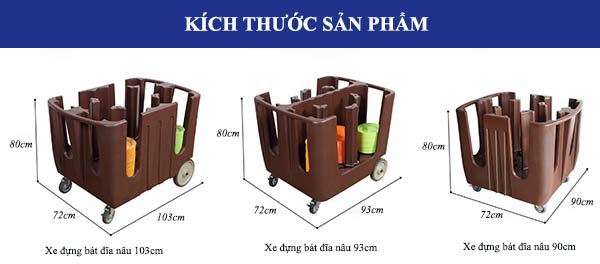 Kích thước Xe đẩy bát đĩa nhà hàng màu nâu