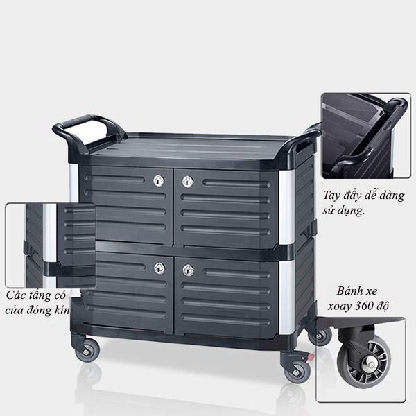 Xe đẩy đồ ăn dọn bàn bằng nhựa có cửa