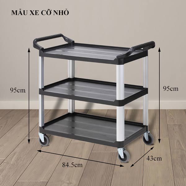 Kích thước xe đẩy 3 tầng khung nhôm cỡ nhỏ