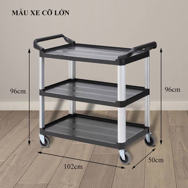 Kích thước xe đẩy 3 tầng khung nhôm cỡ lớn