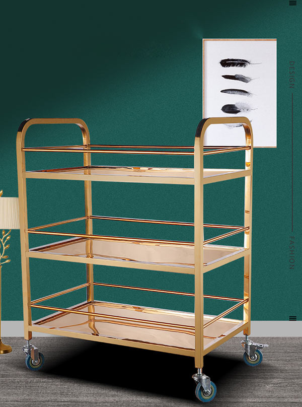 Mẫu xe đẩy 3 tầng inox vàng chuyên phục vụ rượu, đồ uống, đồ ăn