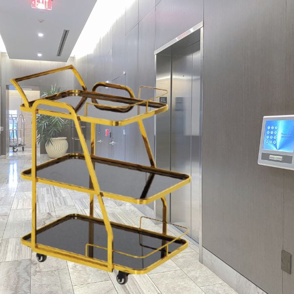 Xe phục vụ rượu khung inox mạ vàng mặt kính đen