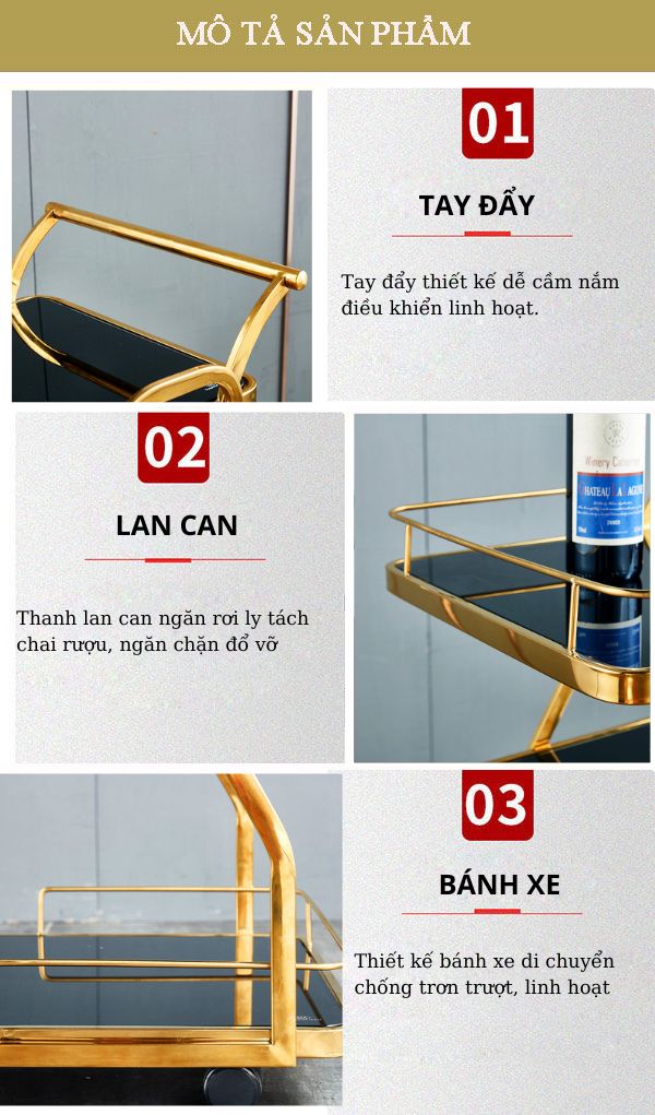 Các chi tiết cấu thành trên xe đẩy phục vụ rượu nhà hàng
