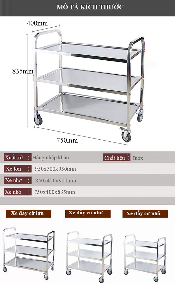 Chi tiết kích thước xe đẩy thức ăn 3 tầng bằng inox