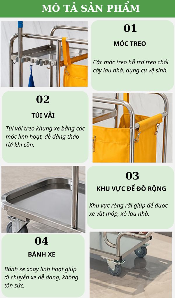 Xe inox đẩy đồ dọn vệ sinh