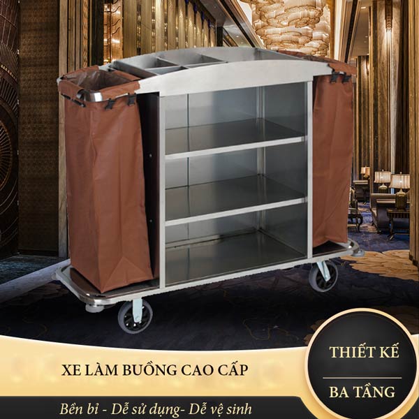 Mẫu xe đẩy dọn buồng khách sạn khung inox 2 túi vải
