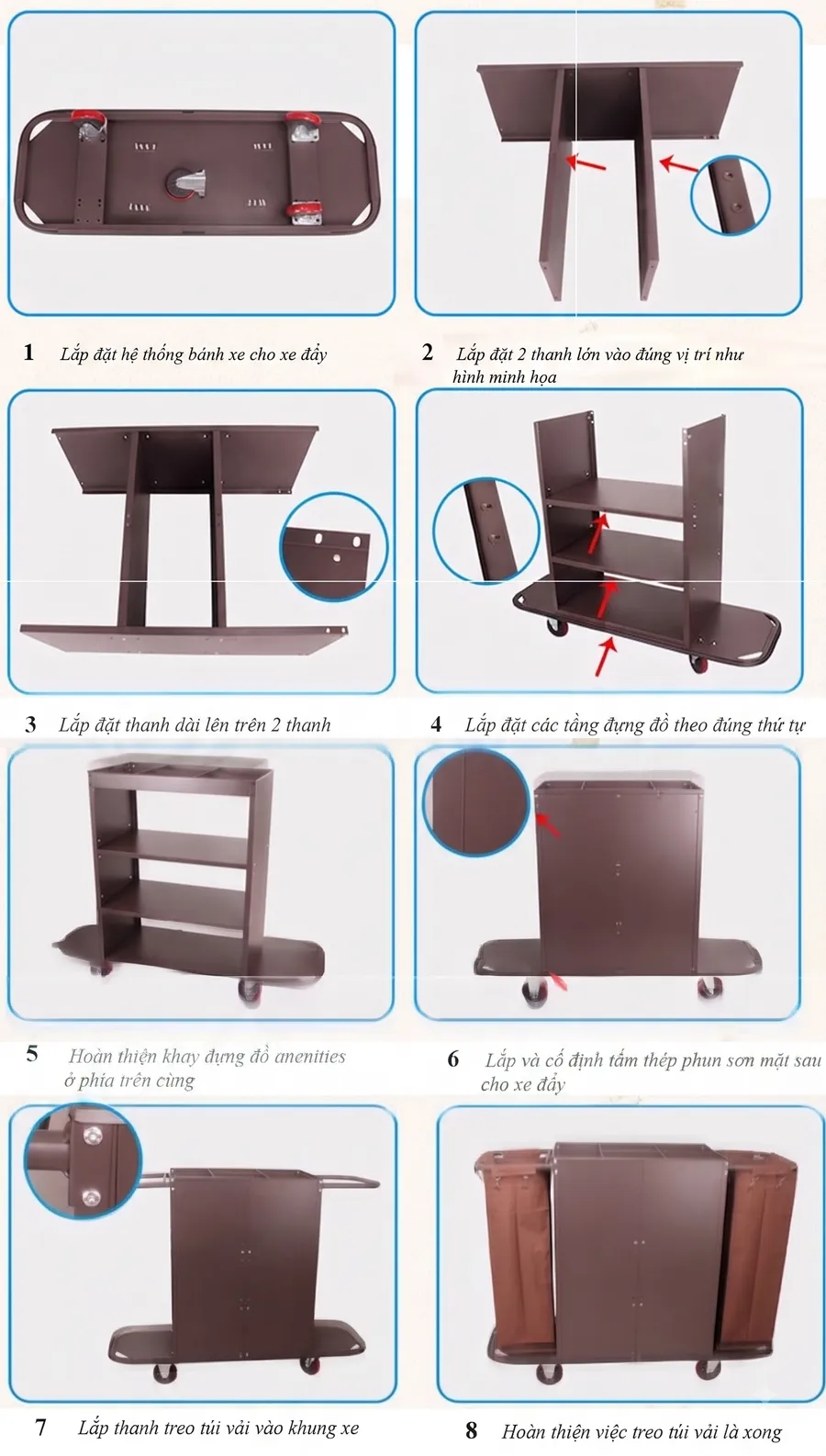 Lắp đặt xe đẩy làm buồng phòng 2 túi vải