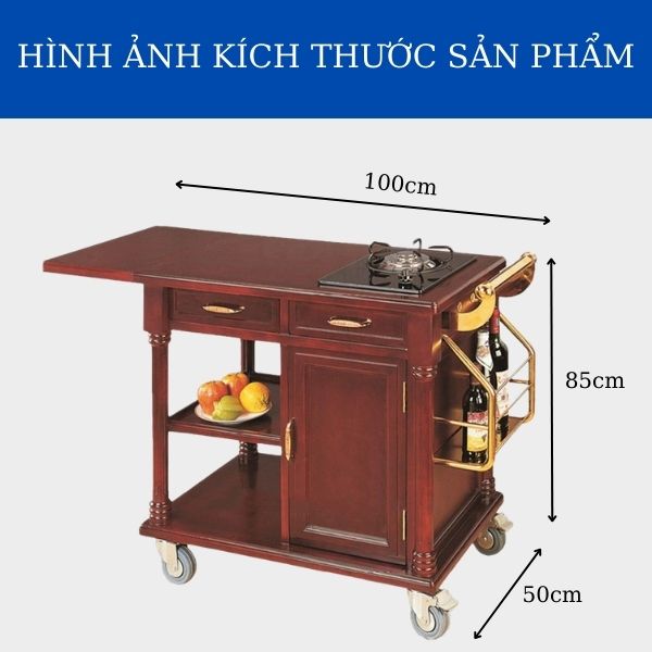 Tham khảo kích thước xe phục vụ bàn ăn loại 1 bếp gas đi kèm