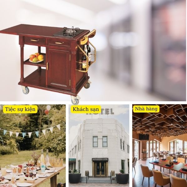 Mẫu xe đẩy phục vụ bàn có bếp được dùng ở không gian ẩm thực sang trọng