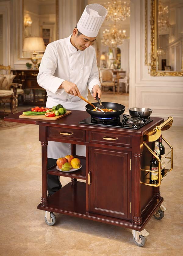 Đầu bếp trực tiếp chế biến đồ ăn trên xe phục vụ bàn có kèm bếp nấu